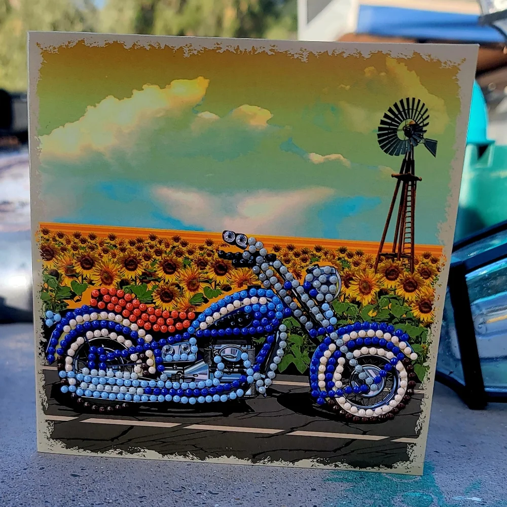 SALE‼️Motorcycle Blank Card Sunflower Fields Blue Multiuse Men Women Kids Teens - Picture 1 of 3